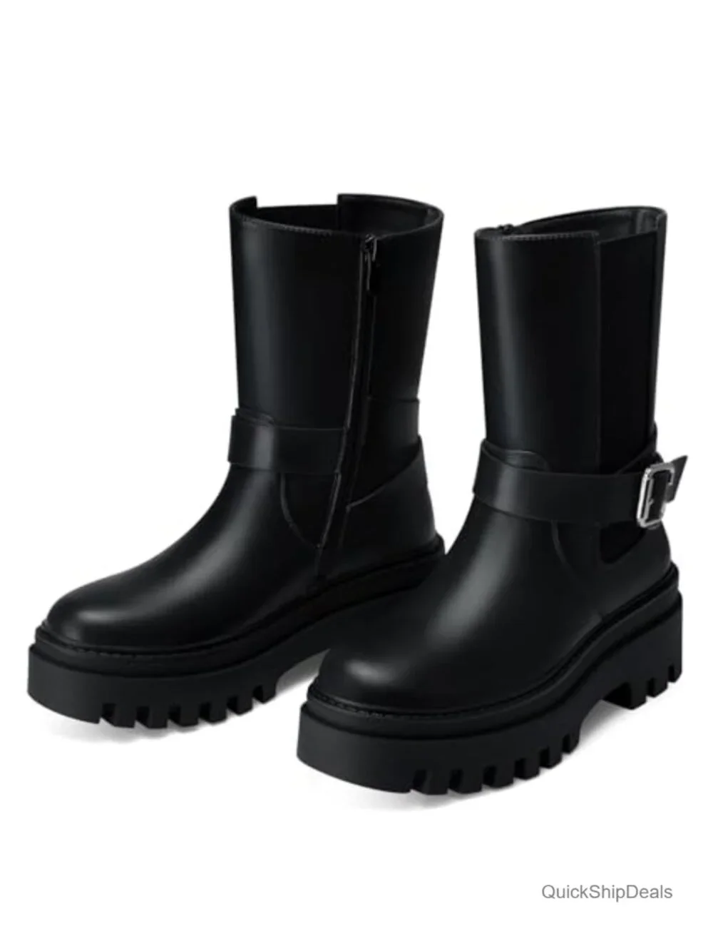 Women's Platform Ankle Boots Waterproof PU Leather Side Zip Round Toe Block Heel
